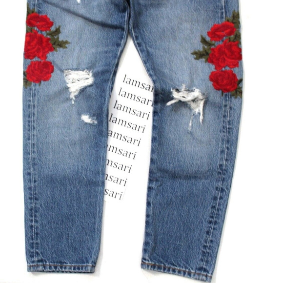 Levi's 501 Floral Embroidered Distressed Ripped Taper Cropped Button Fly Jeans - Picture 5 of 8